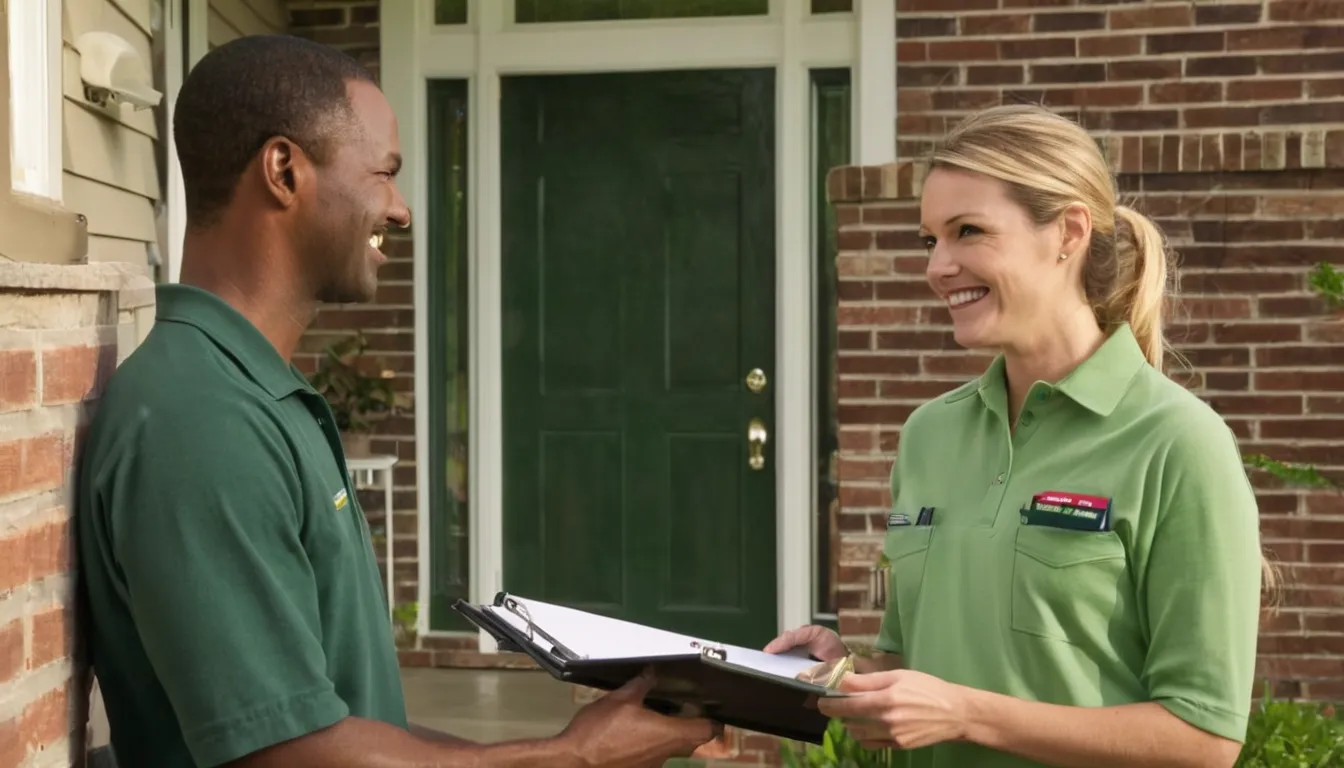 Homeowner talking with a pest control provider at the front door in Fletcher