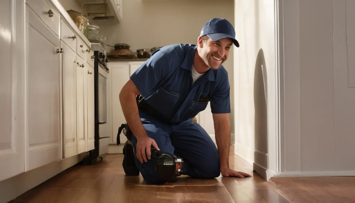 A pest control provider inspecting the baseboard of a Fletcher home kitchen with a homeowner